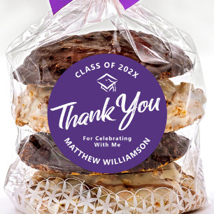 Purple Graduation Bold Script Cap Thank You Modern Classic Round Sticker