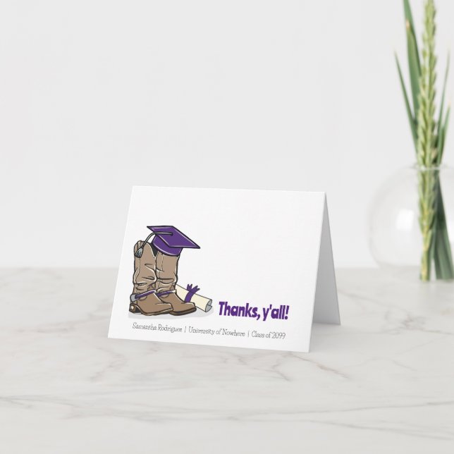 Purple Graduation Cap and Cowboy Boot Thank You Card (Front)