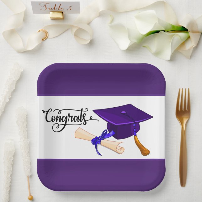 Purple Graduation Cap And Diploma  Paper Plate (Wedding)