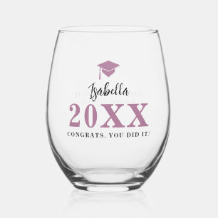 Purple Graduation Cap Caligraphy Personalised Gift Stemless Wine Glass