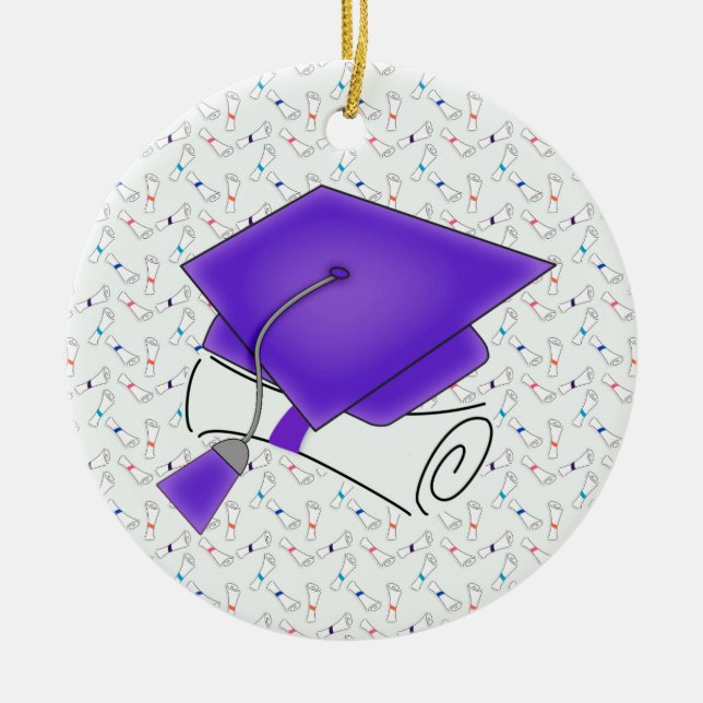 Purple Graduation Cap & Diploma, Colourful Ceramic Tree Decoration (Front)