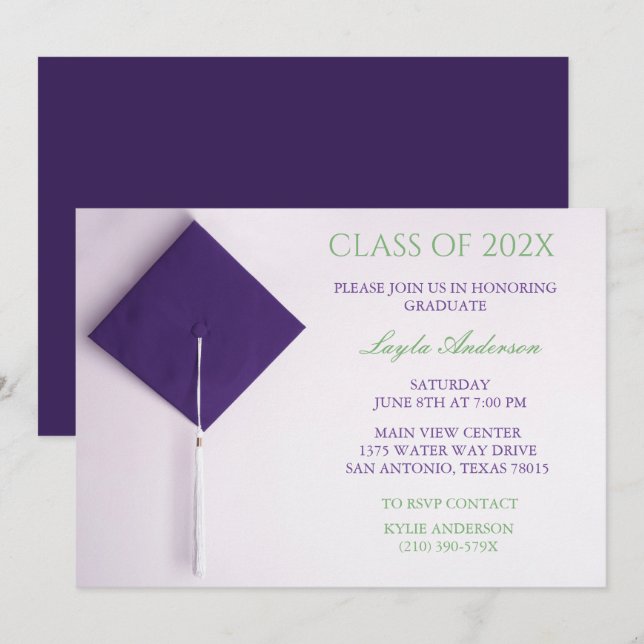 Purple Graduation Cap   Invitation (Front/Back)