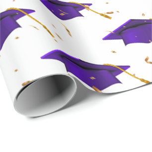 Purple Graduation Caps and Gold Confetti   Wrapping Paper