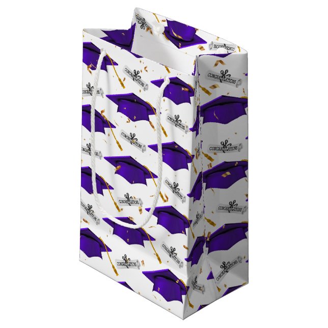 Purple Graduation Caps with Diplomas Small Gift Bag (Front Angled)