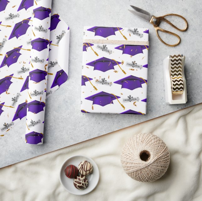 Purple Graduation Caps with Diplomas Wrapping Paper (Crafts)