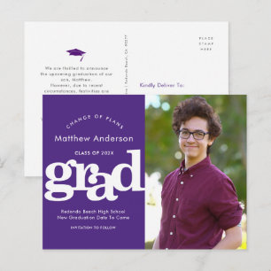 Purple graduation change of plans bold typography invitation postcard