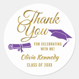 Purple Graduation Gold Thank You Script Favor   Classic Round Sticker