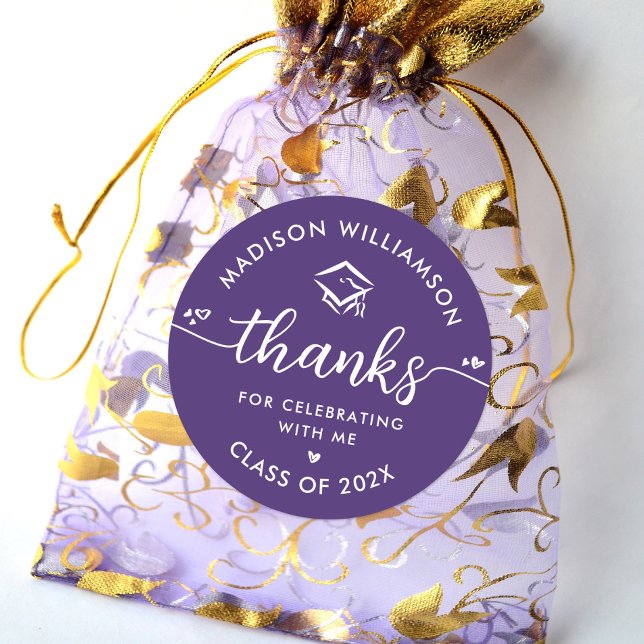 Purple Graduation Modern Thank You Script Hearts Classic Round Sticker (Creator Uploaded)