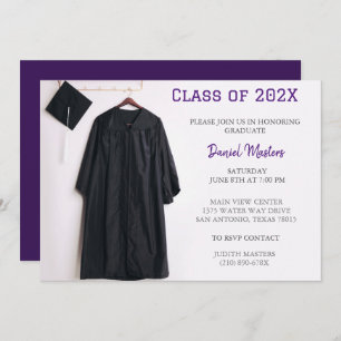 Purple graduation party cap and gown invitation