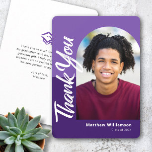 Purple Graduation Photo Bold Arch Script Modern Thank You Card