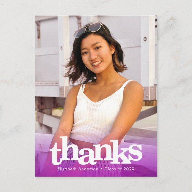 Purple graduation photo bold typography thank you postcard (Front)