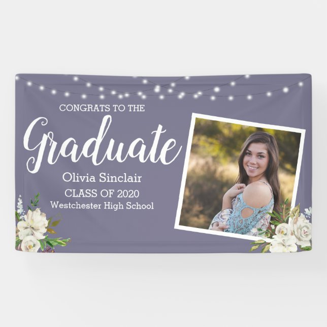 Purple Graduation Photo Floral String Lights Banner (Horizontal)