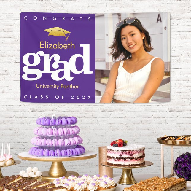 Purple graduation photo gold cap bold modern banner (Creator Uploaded)