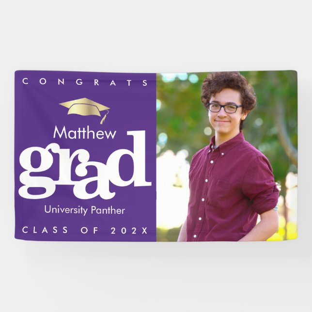 Purple graduation photo gold cap modern bold banner (Horizontal)