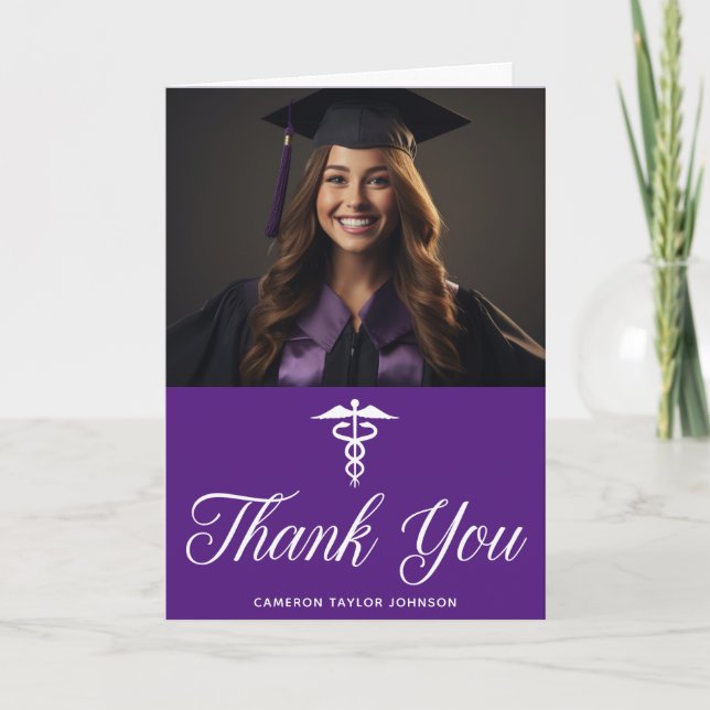 Purple Graduation Photo Medical School Doctor Thank You Card (Front)
