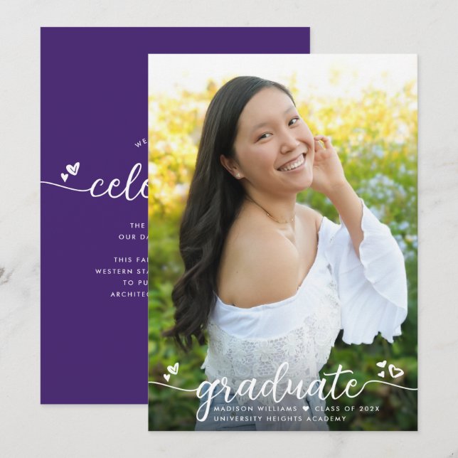 Purple Graduation Photo Modern Calligraphy Hearts Announcement (Front/Back)