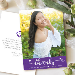 Purple Graduation Photo Modern Chic Script Hearts Thank You Card