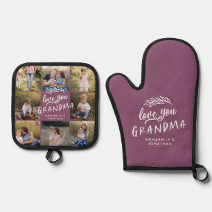 Purple grandma multi photo gift oven mitt & pot holder set