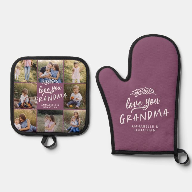 Purple grandma multi photo gift oven mitt & pot holder set (Front)