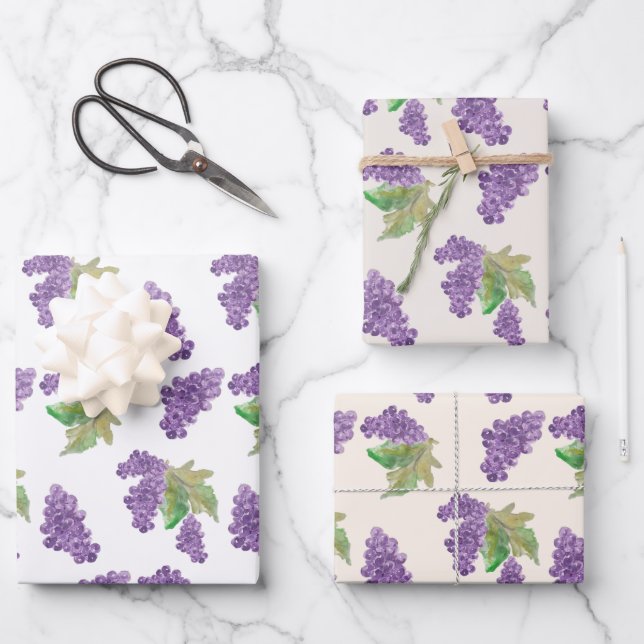 Purple Grape Watercolor Hand-painted Wrapping Paper Sheet (Front)