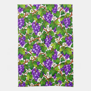 Purple Grapes and Green Vineyard Leaves Tea Towel