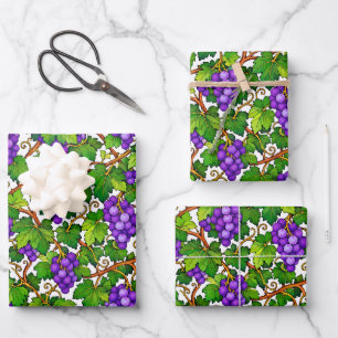 Purple Grapes and Green Vineyard Leaves Wrapping Paper Sheet