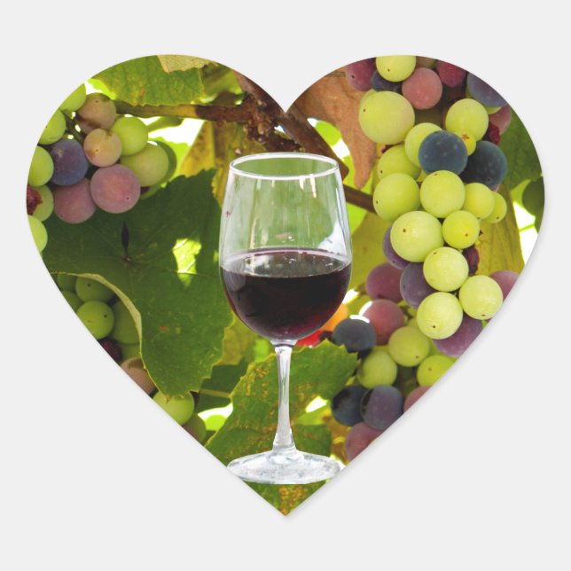 Purple Grapes Growing on the Vine with Wineglass Heart Sticker (Front)