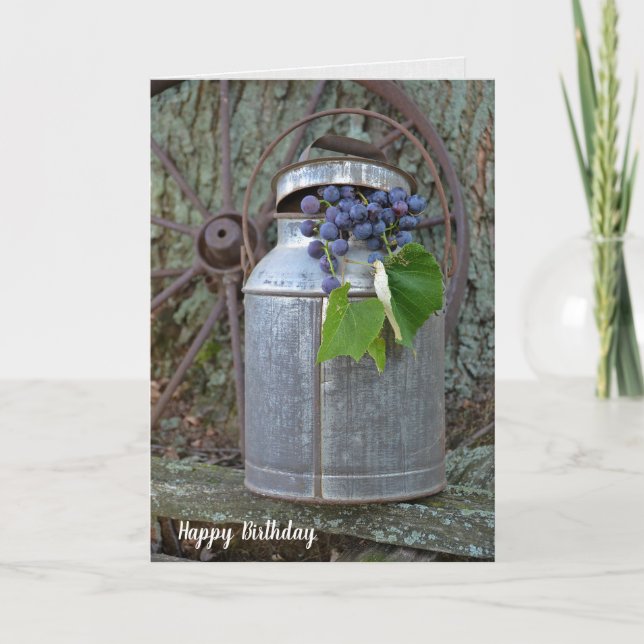 purple grapes in antique milk can birthday card (Front)