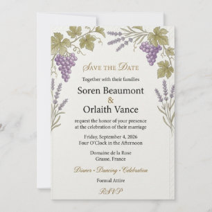 Purple Grapes, Lavender Sprigs, Diagonal Stripe Bo Invitation