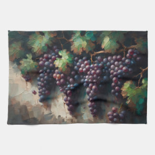 Purple Grapes on the Vine Oil Painting Tea Towel