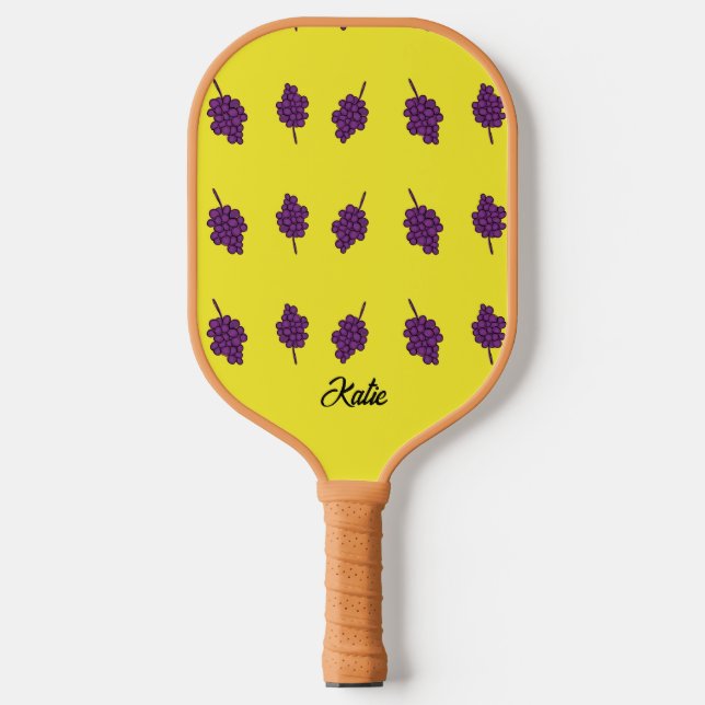 Purple grapes personalised yellow pickleball paddle (Front)