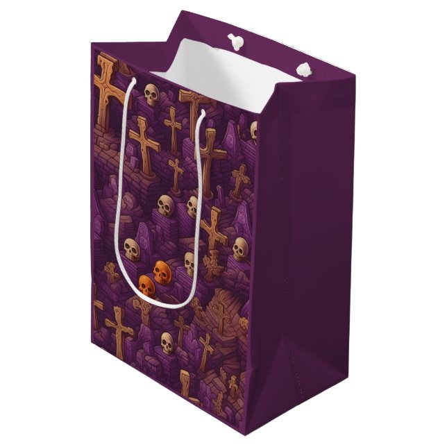 Purple Graves Silver Bronze Skulls Halloween Medium Gift Bag (Front Angled)