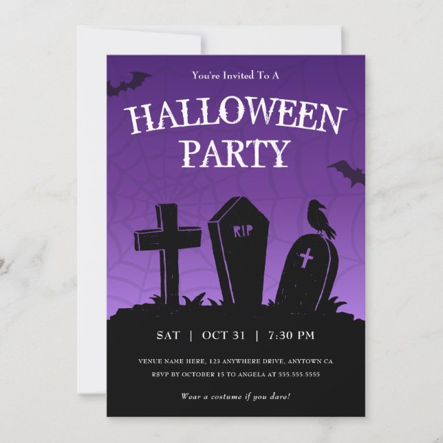 Purple Graveyard Tombstones Halloween Party Invitation (Front)