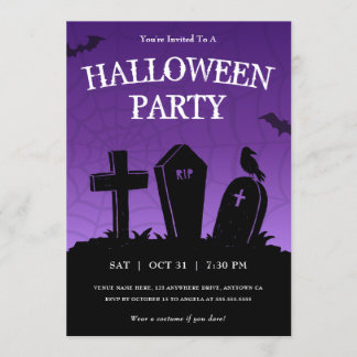 Purple Graveyard Tombstones Halloween Party Invitation