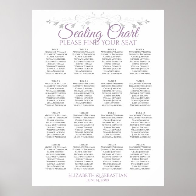Purple & Gray 16 Table Wedding Seating Chart (Front)