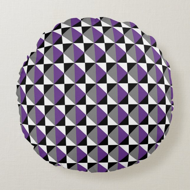 Purple, Gray, Black and White Square and Diamond Round Cushion (Front)