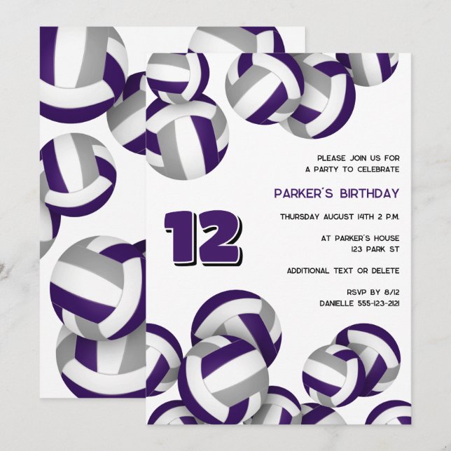 purple gray team colors volleyball birthday party invitation (Front/Back)