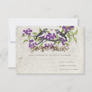 Purple & Gray Vintage Birds Damask Wedding Invite