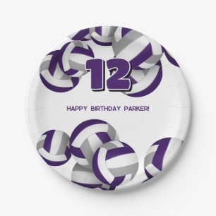 purple gray volleyballs kids birthday party paper plate