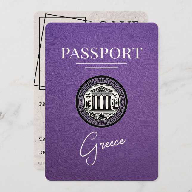 Purple Greece Passport Save the Date Card (Front/Back)