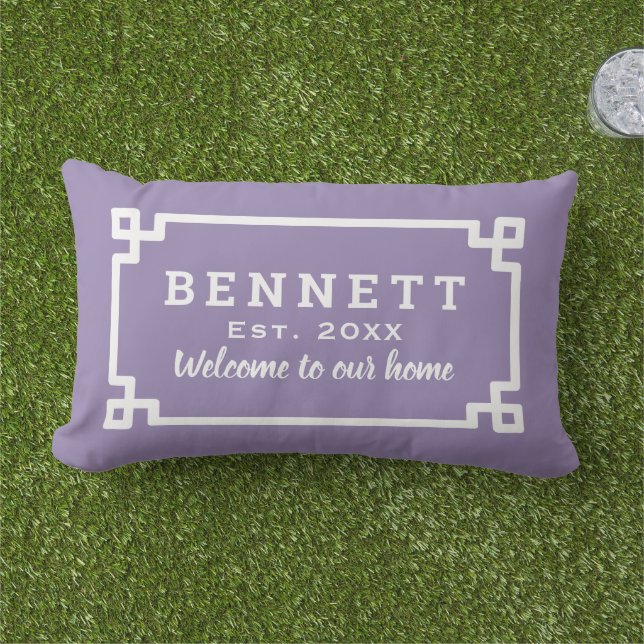 Purple Greek Key Custom Monogram Welcome Lumbar Cushion (Grass)