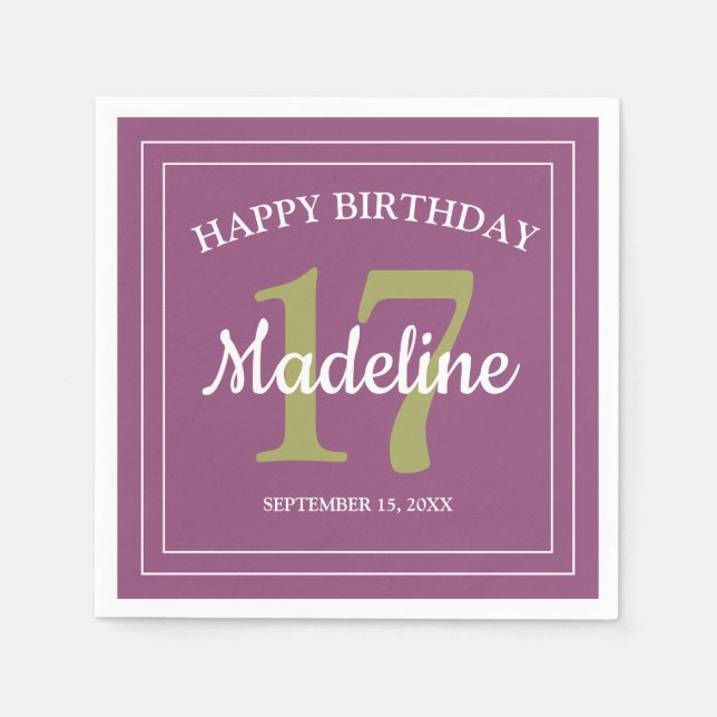 Purple Green 17th Birthday Party or Any Age Napkin (Front)