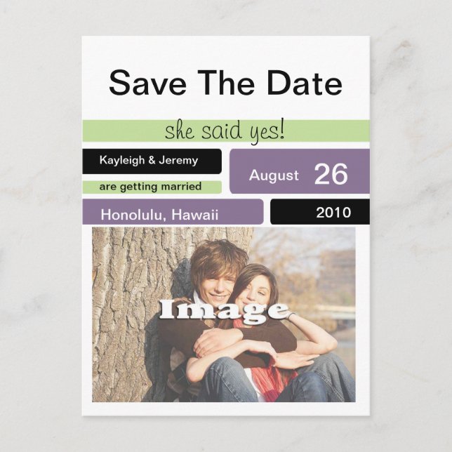 Purple Green and Black Save The Date Announcement Postcard (Front)