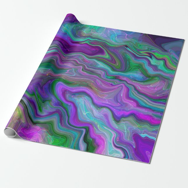Purple, Green and Blue Fluid Art Abstract Birthday Wrapping Paper (Unrolled)