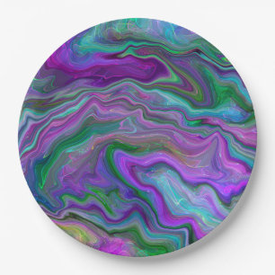 Purple, Green and Blue Fluid Art Marble   Paper Plate