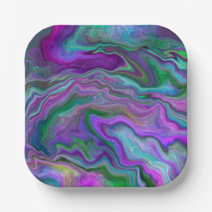 Purple, Green and Blue Fluid Art Marble   Paper Plate
