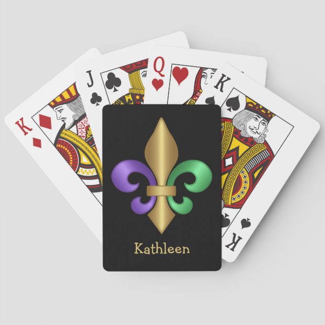 Purple Green and Gold Mardi Gras Fleur de Lis Playing Cards (Back)