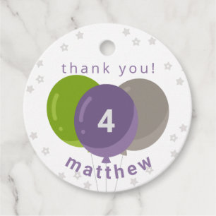 Purple Green and Grey Birthday Balloons Favour Tags