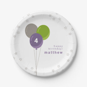 Purple Green and Grey Birthday Balloons Paper Plate