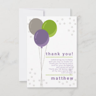 Purple Green and Grey Birthday Balloons Thank You. Invitation